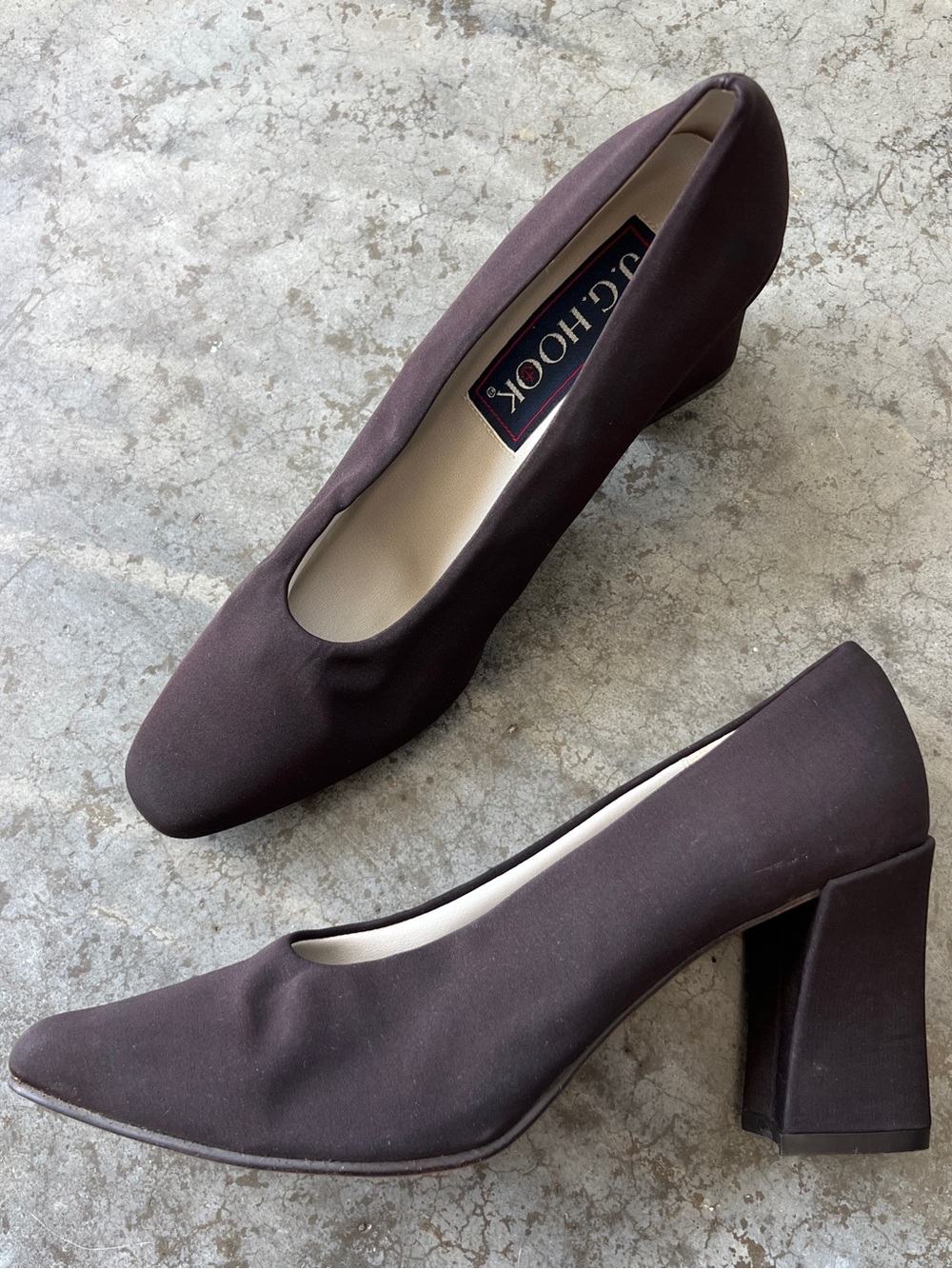 J.G. Hook Vintage 90s Brown Fabric Block Heel Pumps Square Toe Size 9.5M